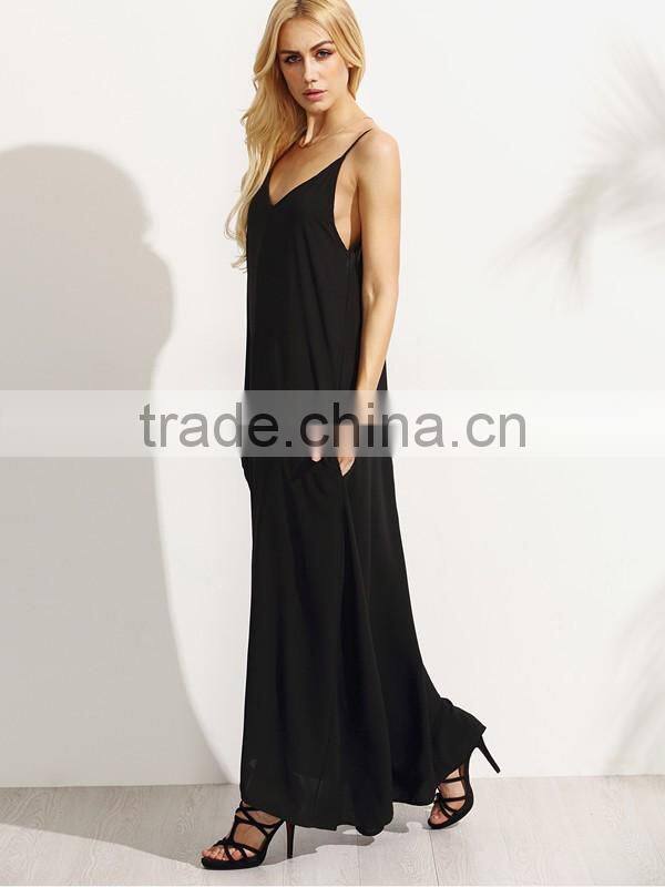 Woman Black Summer Sleeveless Spaghetti Strap Maxi Beach Shift Dress
