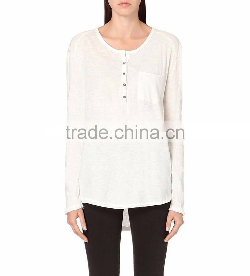collar design ladies loose plain long sleeve t shirt with pocket