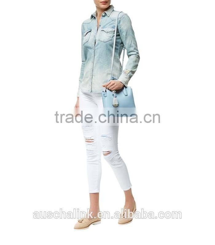 ladies twin chest pocket fashion cotton jeans shirt OEM service