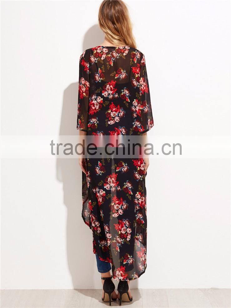 Custom Flower Print Women Soft Comfortable Beachwear Outwear Black Floral Longline Chiffon Kimono