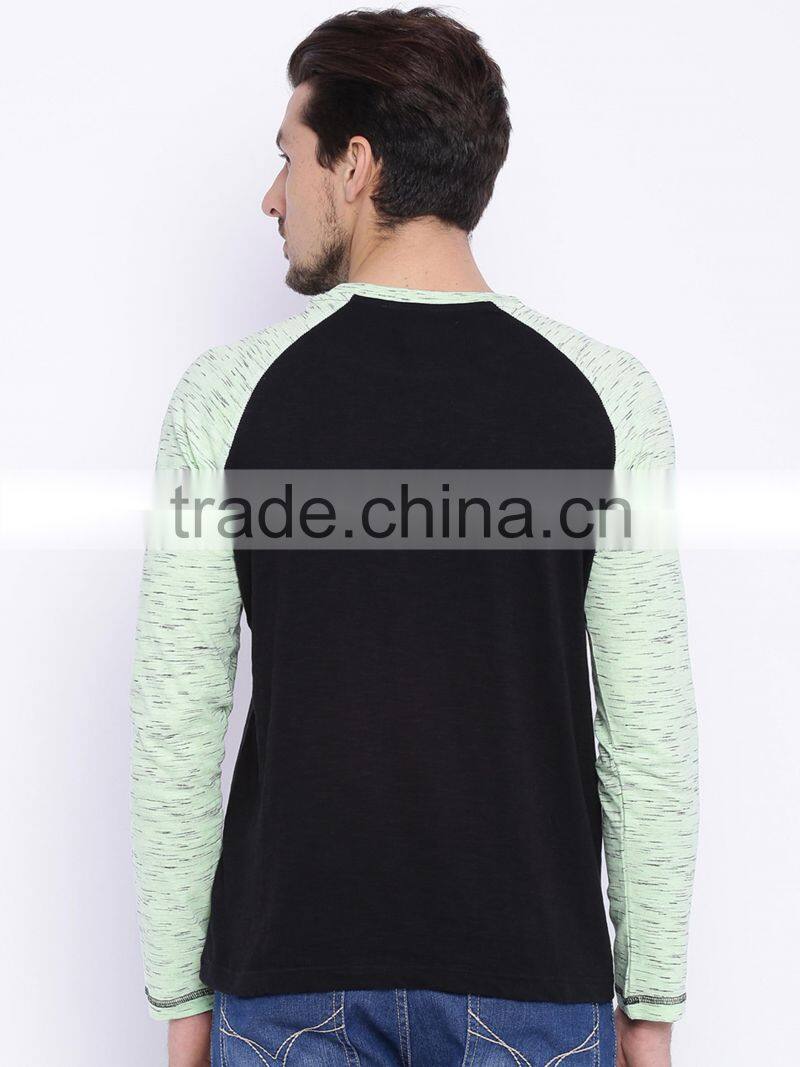 Men Black Sea Green Round Neck Train T-Shirt Self-Design Waist Length Long Raglan Sleeves Outfit Custom Cotton Polyester