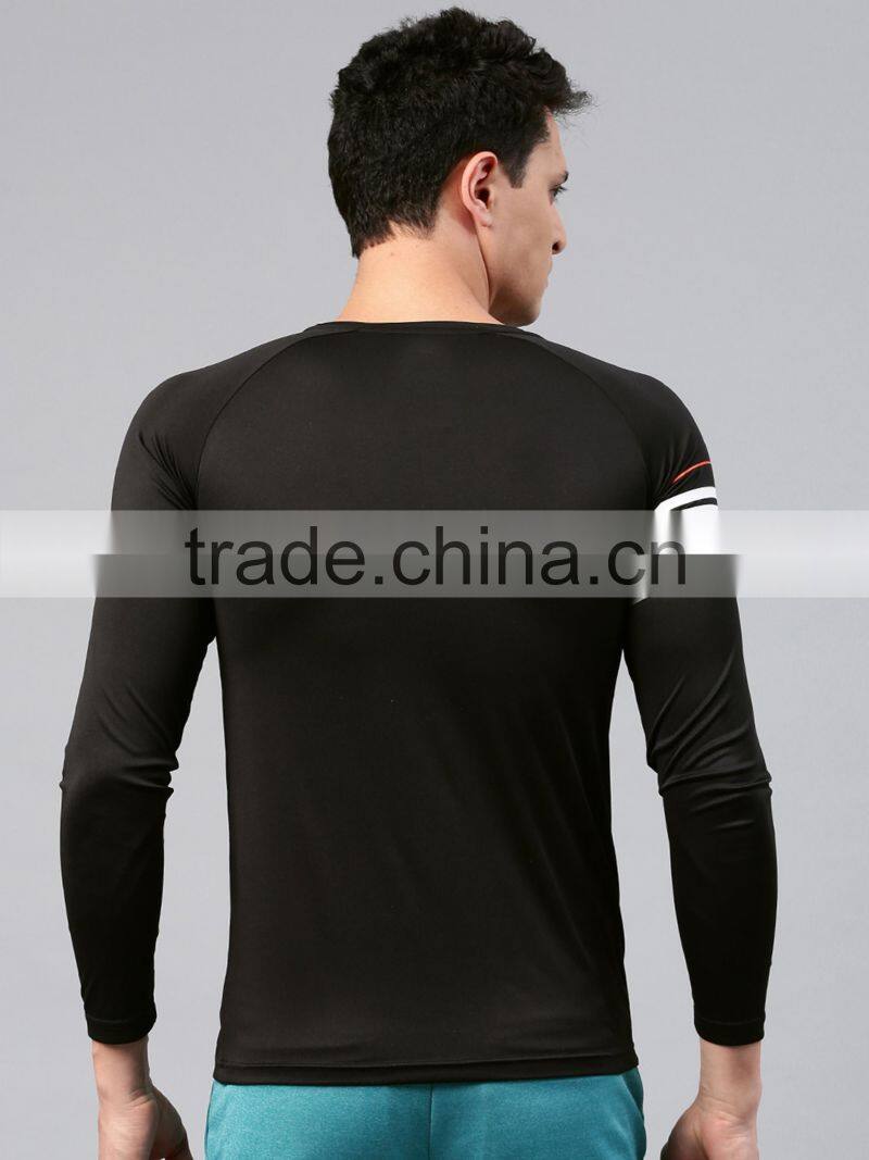 Black Striped Round Neck Rapid Dry T-Shirt Striped Style Waist Length Tee Round Neck Long Sleeves Anti-Microbial Moisture Sport