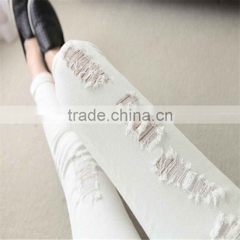 New Women's Fashion Straight Jeans Ripped Holes Female Long Term Mid Waist Cotton Washed Denim Pants