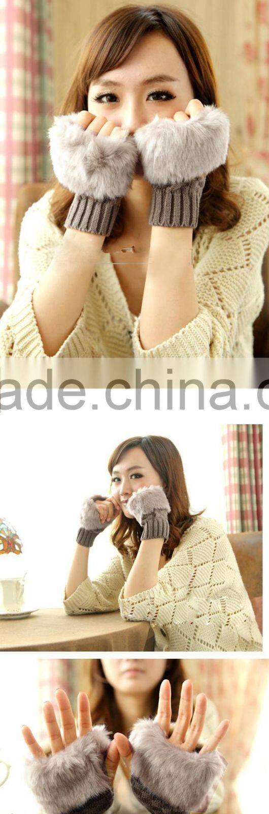 Gloves Arm Warmer Fingerless Gloves-Knitted Rabbit Fur Lined Leather Gloves 8226