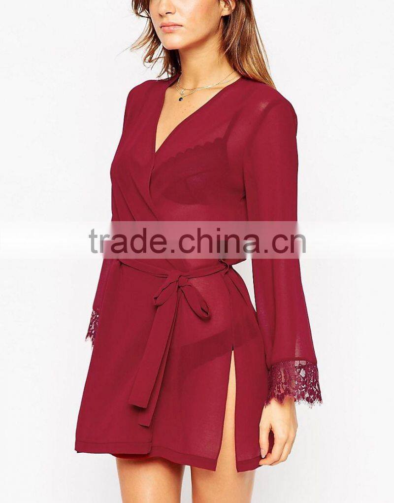 Sexy fashion semitransparent chiffon fabric lace cuff robe for lady