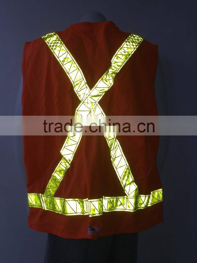 Customized orange highlight PVC safety reflective vest with 100%polyester tricot fabric
