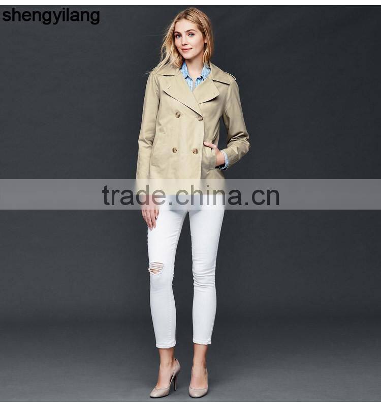 Crisp 100% cotton classic double-breasted short coat custom high quality fashion women windbreaker guangzhou manufacturer