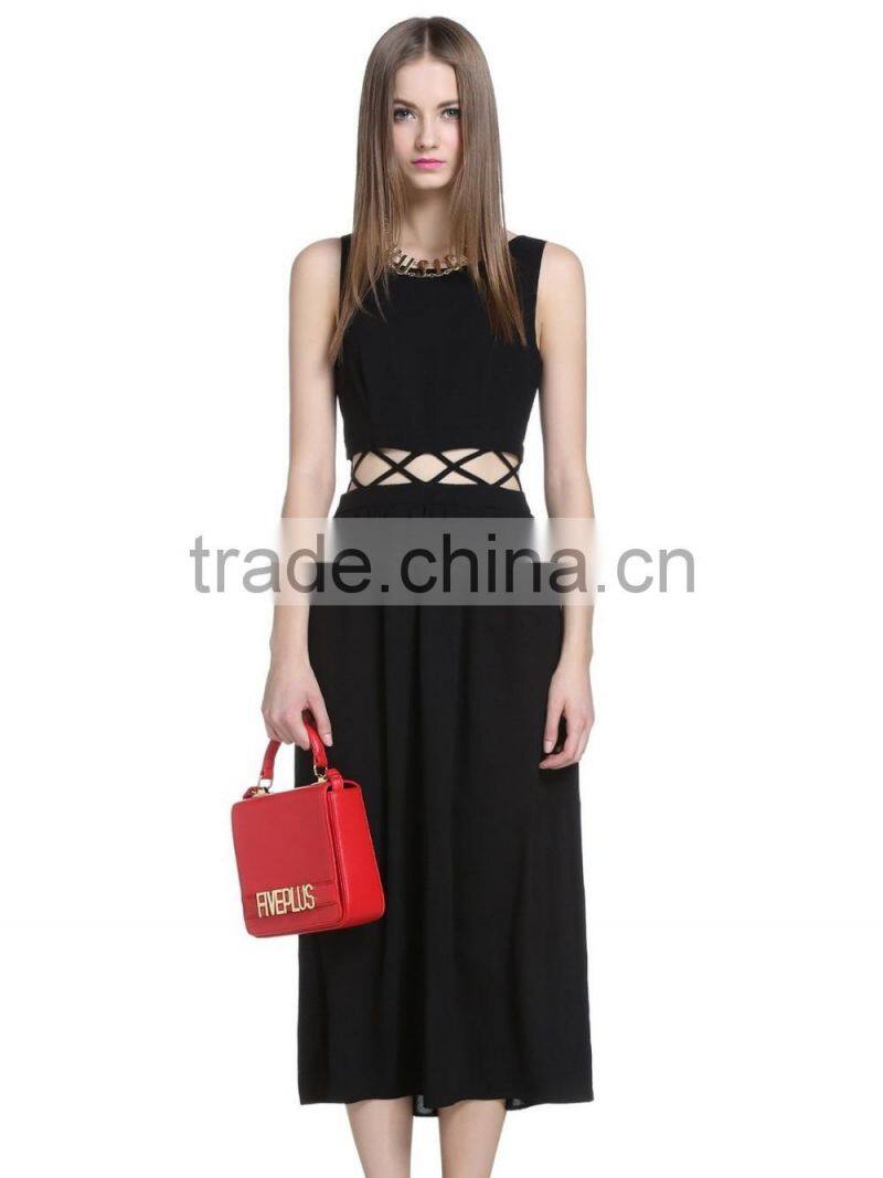 Latest Girls round neck black chiffon waist halter long dress