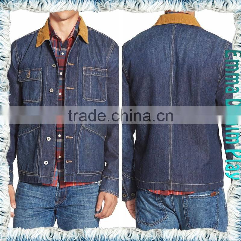 Fashion Dark Blue Male Suede Collar Short Denim Jacket