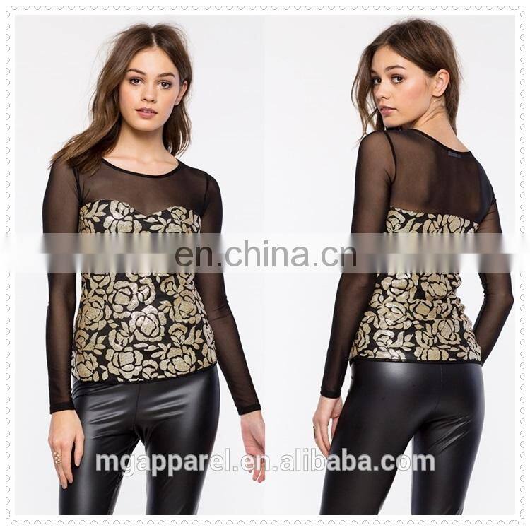 OEM cheap fancy gold-toned sequins long sleeves women floral top blouse