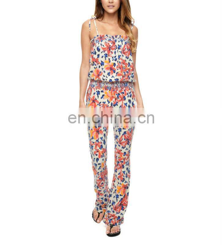 CHEFON Bold floral print long jumpsuit,skinny tie shoulder straps straight neckline detail romper