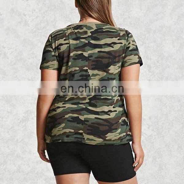Guangzhou plus size womens clothes contrast crew neckline camo t shirt