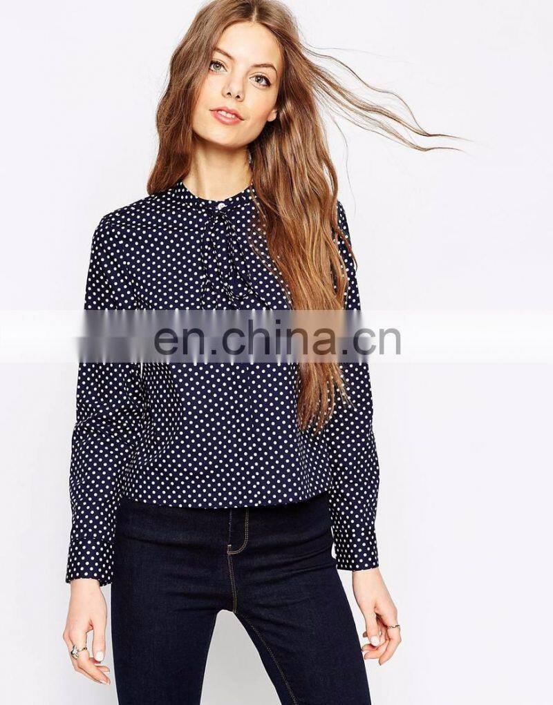 Long sleeves vintage printed shirt for lady with polka dot printed