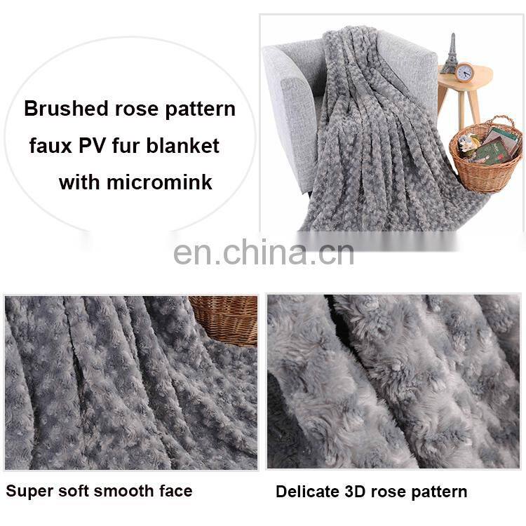 Low price supet soft comfortable faux PV fur mink blanket with brushed rose pattern