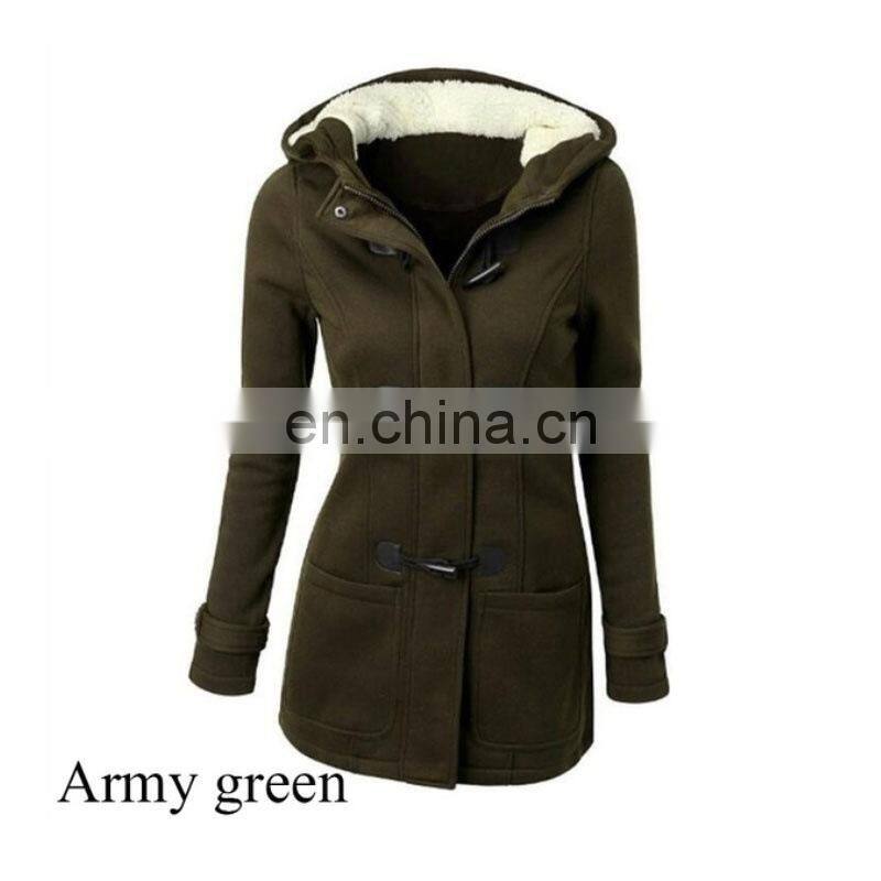 Manufacturer wholesale hooded mid-length women's coat with horns buckle plus size coat