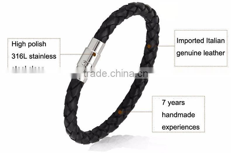 Customized Laser Engrave Logo Bio Magnetic Leather Bracelet Braided Mens Leather Bracelet