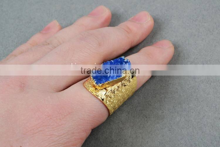 Golden hammered wide druzy ring cocktail ring adjustable band gemstone ring with stone