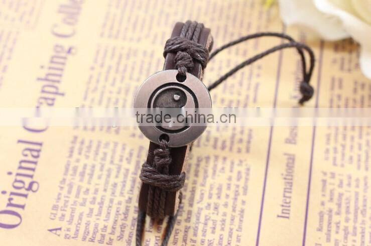 TaiChi Bracelet Genuine Leather bracelet With Engraved Alloy Charm