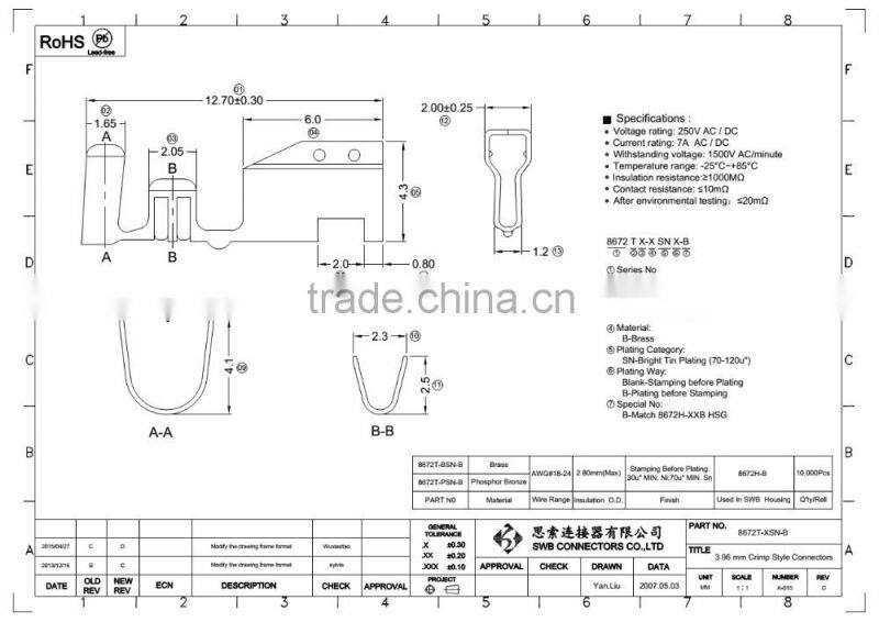 3.96MM Pitch wire to board electric connectors DIP wafer