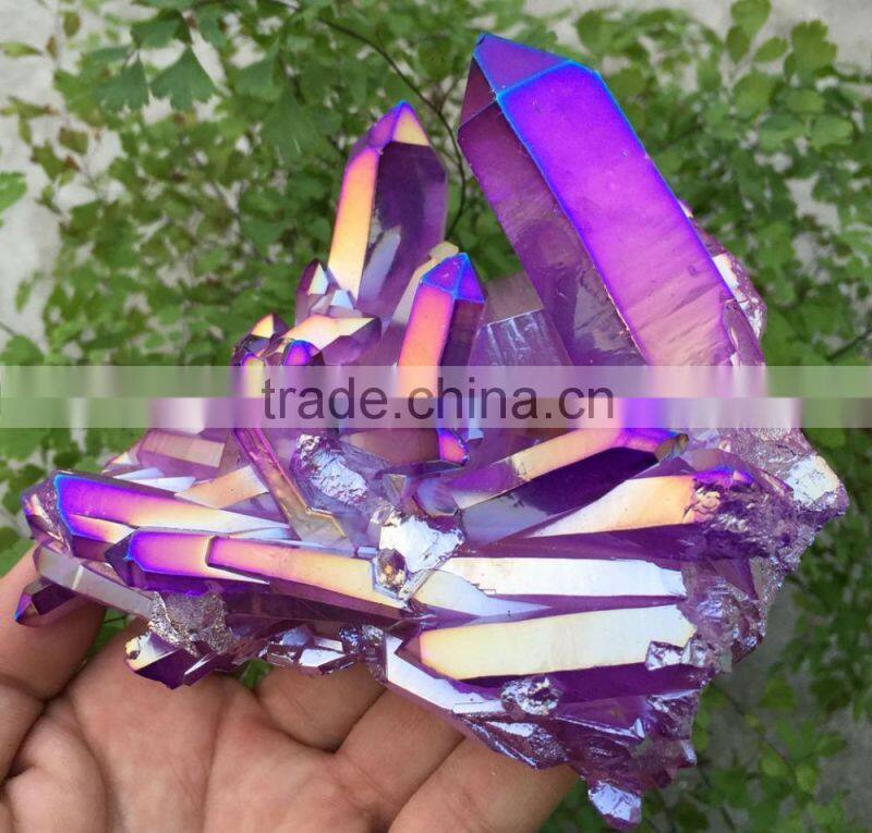 Purple rough crystal stone electroplating Titanium Coating Crystal Cluster Rainbows