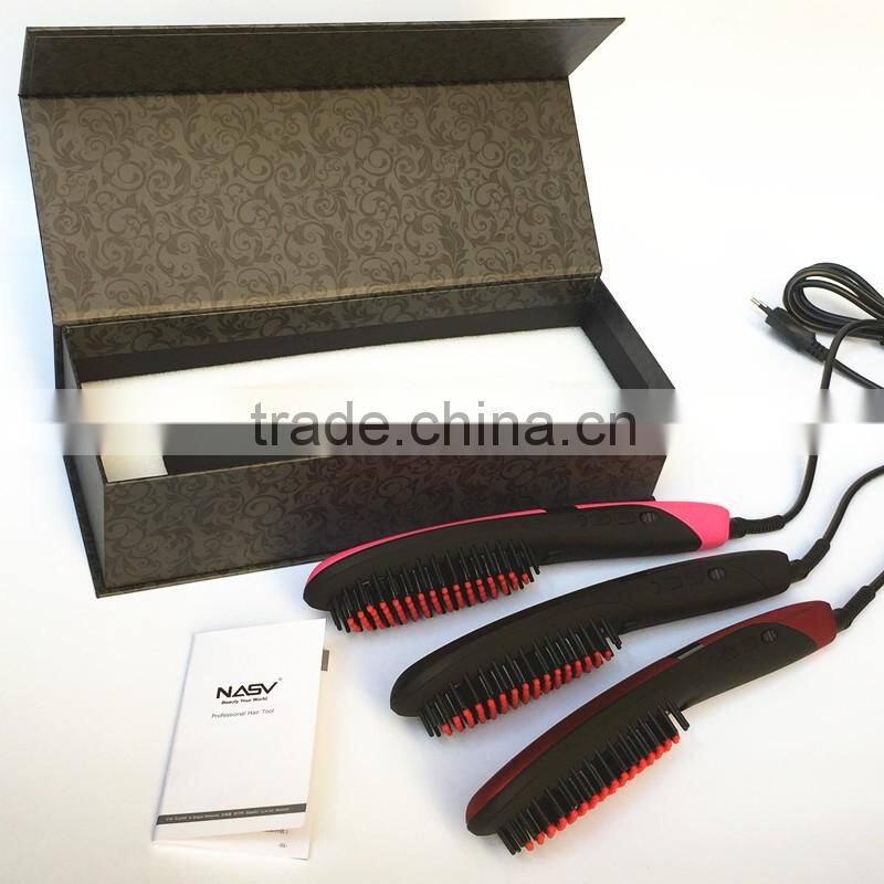 2016 New arrive ionic hair straightener brush with ceramic coating NASV hair straightening brush electric LCD hair straightening