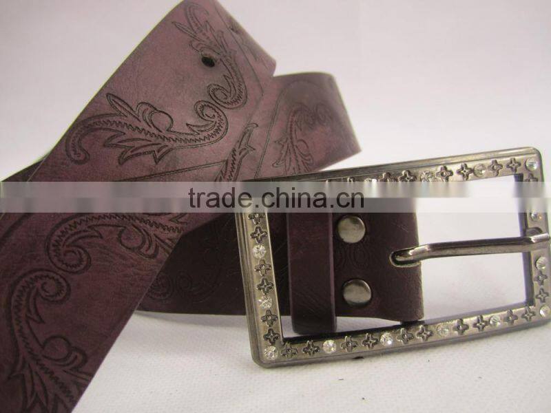 fashion PU flower embossed belt with rihnstone buckle for girls