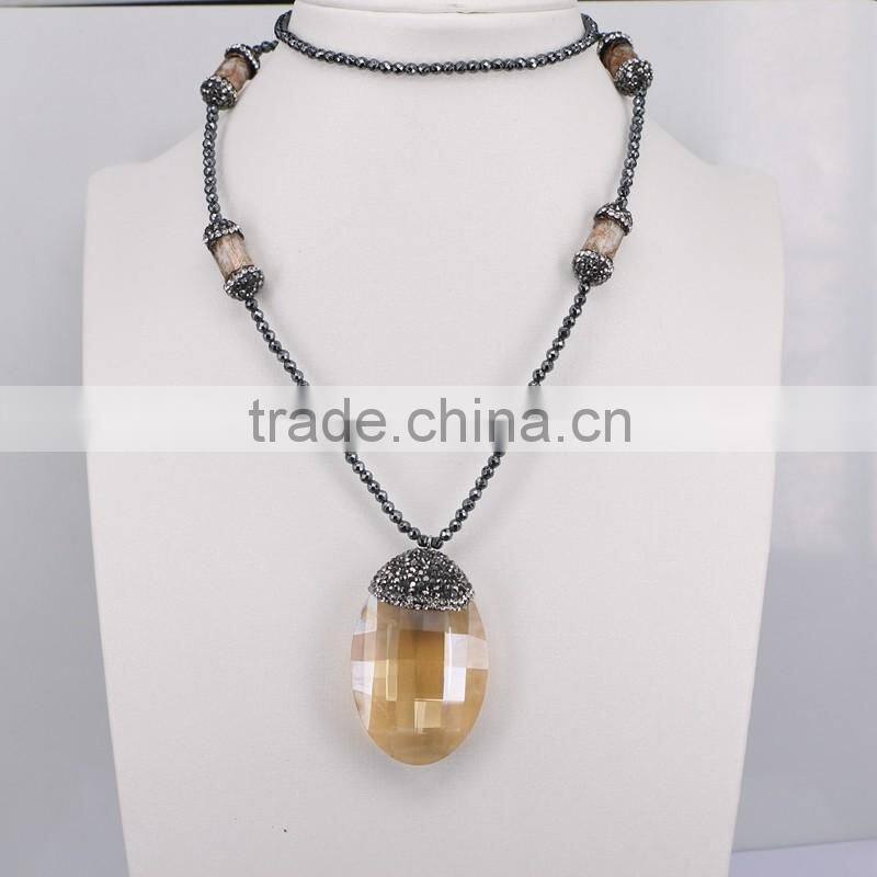 Charm Carved Shell Gem Necklace, with 3mm Black Hematite Beads Necklace, Pendant Druzy Natural Stone Necklace