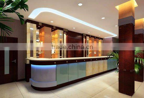 wooden reception desk with LED lights