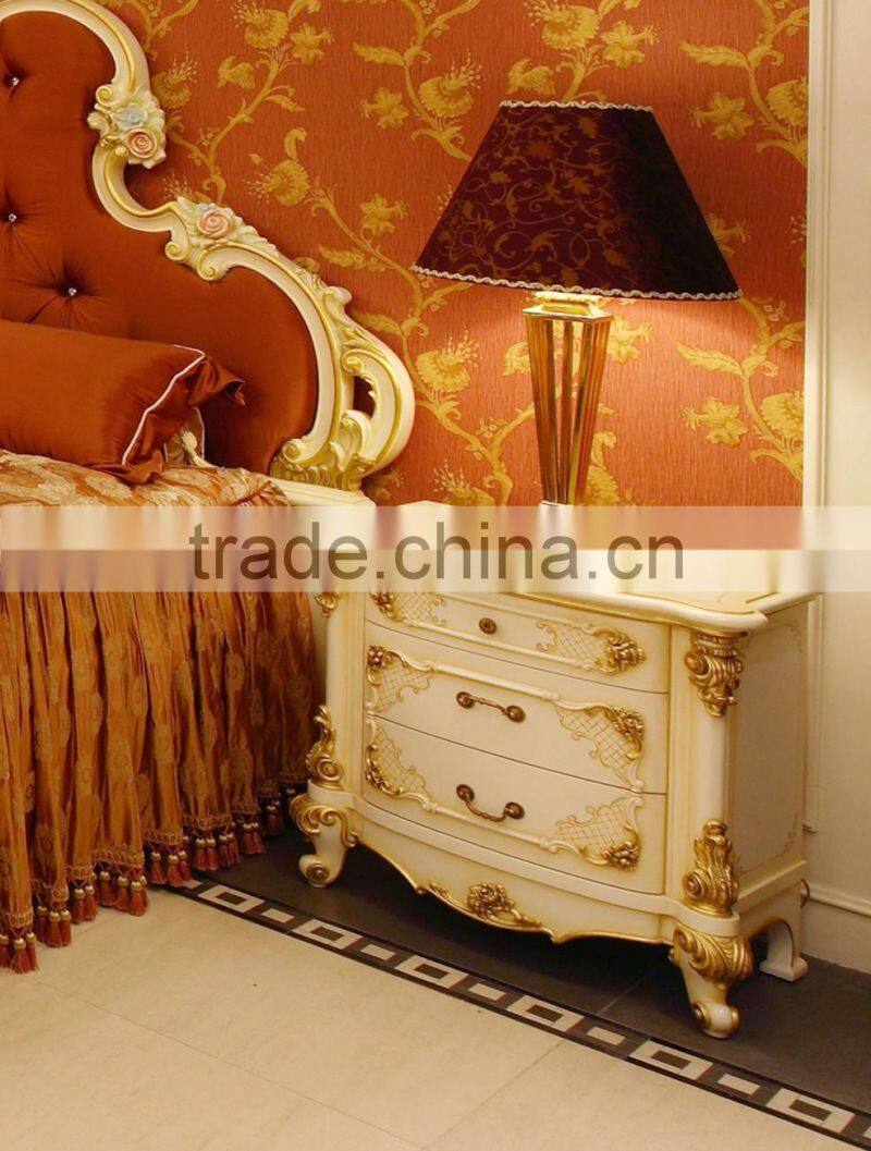 French Graceful Wood Carving Bedroom Set, Luxury Home Gilt Bedroom Furniture, Fancy White Hand Painted Super King Size Bed