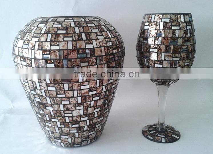 Home Interior Ornament Large Glass Unique Handmade Brown Mosaic Vase