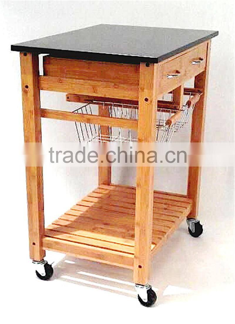 Hot sale bamboo kitchen trolley design with basket and wheels