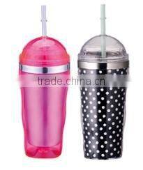 450ml stainless steel Inner steel outer plastic double layer cup with straw