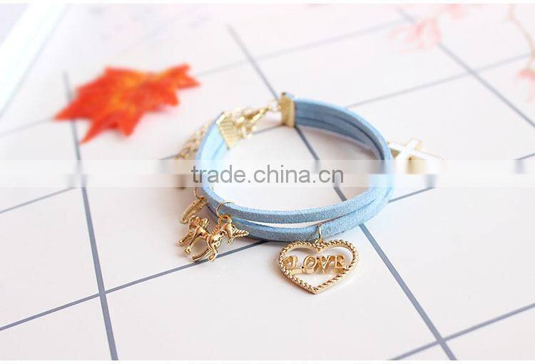 gold love heart cross horse feather charms sude leather bracelet multi layer velvet leather bracelet
