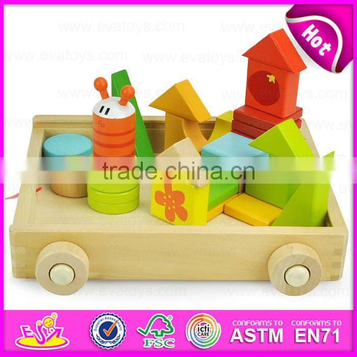 2015 Blocks Trolly wooden educational toy for kids,Wooden building blocks sorter trolly toy,Pull wooden block trolly toy W13C021