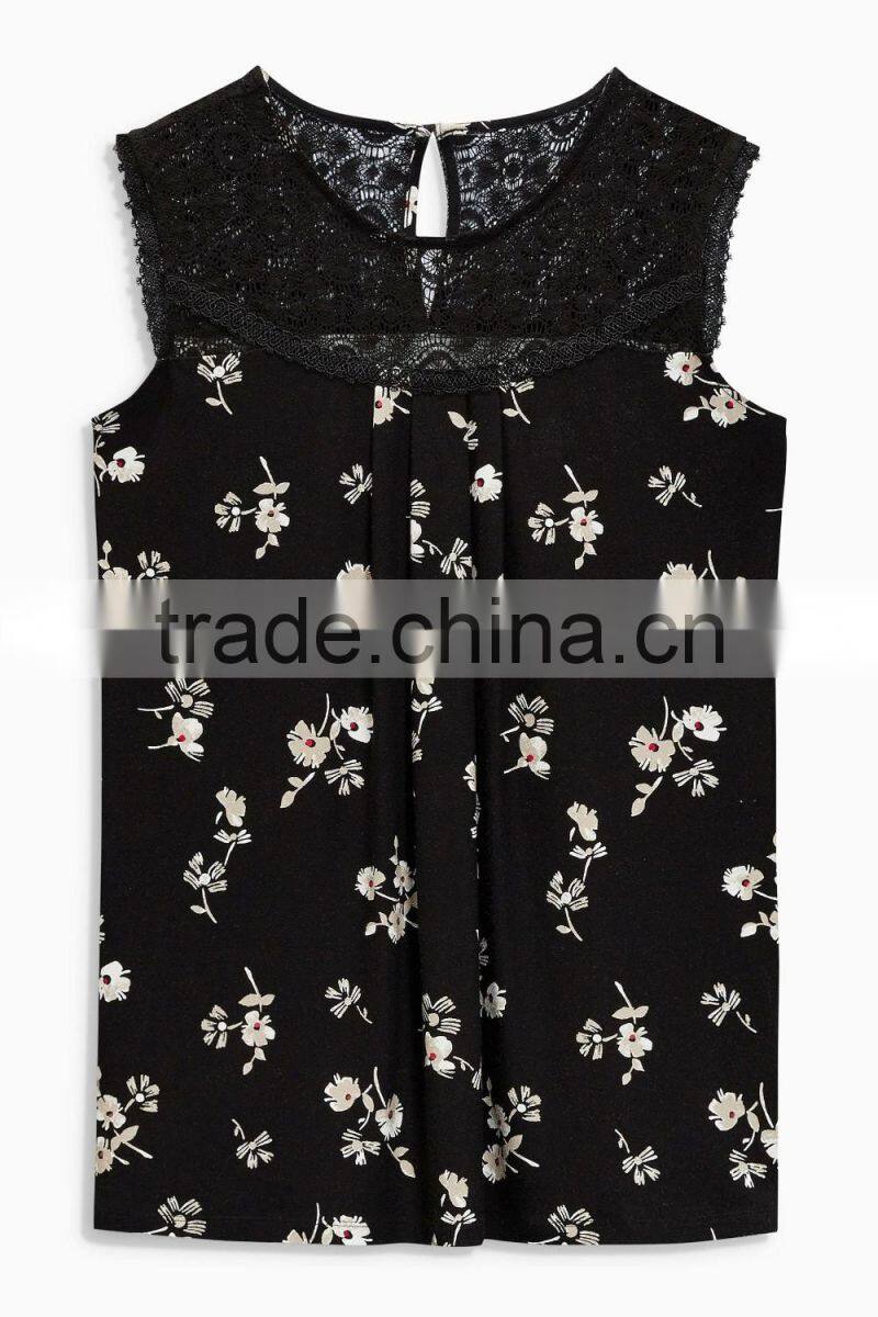 2016 Fashion Jersey Sleeveless Top With Beautiful Lace Yoke HST8033