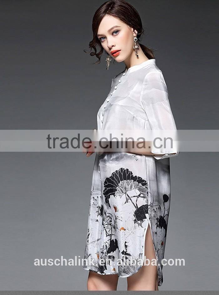 2016 newest summer woman white long chinese silk shirts OEM service