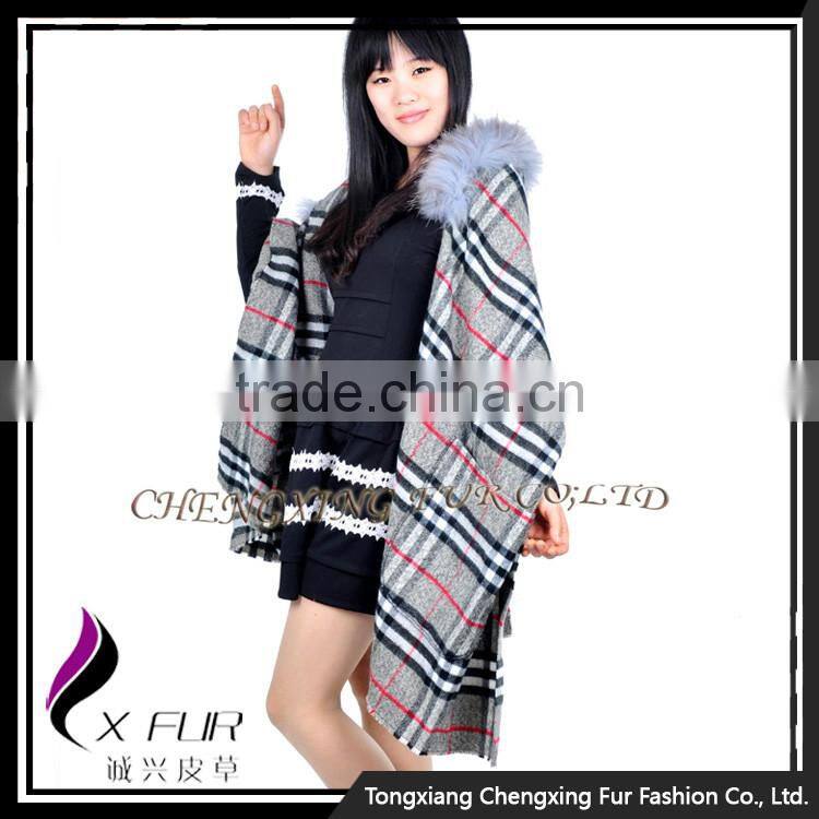 CX-B-P-39 Real Raccoon Fur Trimmed Fashion Women Pashmina Shawl