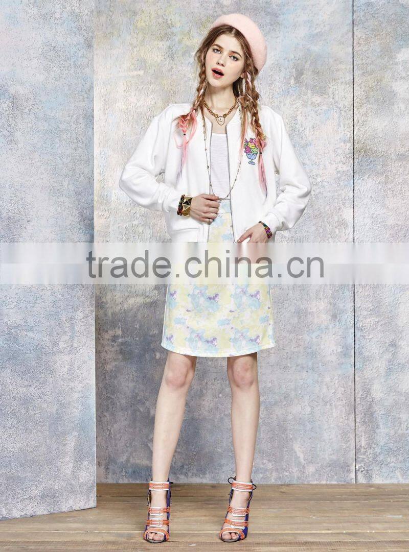 slim fit fancy printed custom white bomber baseball jacket for women