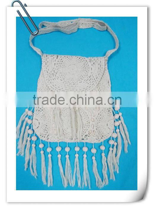 Fashion crochet handbag handmade unquied beach shoulder bag 2015 with tassel braided cotton rope