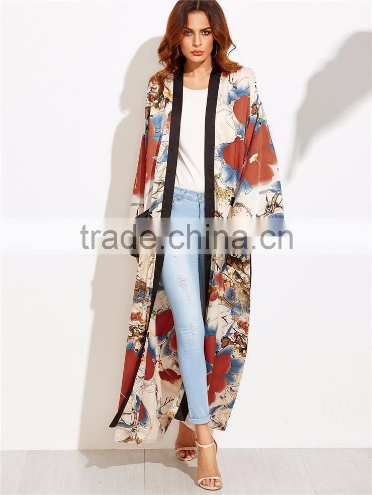 Custom Floral Print Women Beachwear Multicolor Flower Print Contrast Trim Belted Maxi Kimono