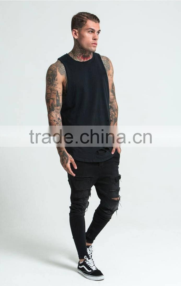 New in distressed tank top 100% cotton safety vest curved hem top