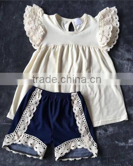 Boya new arrive summer cream yellow cotton lace flutter set girl clothing remake baby outfits giggle moon girls sets