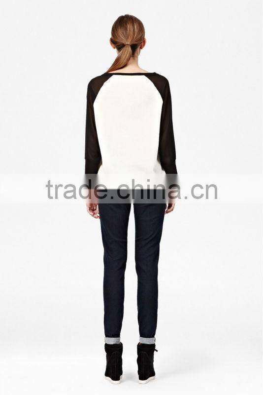 Round Neck Cotton-Blend Raglan Sweatshirt with Chiffon Sleeve