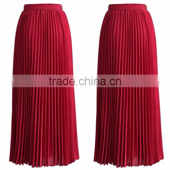 New arrival belted pleated skirt women fashion chiffon maxi skirt 2016