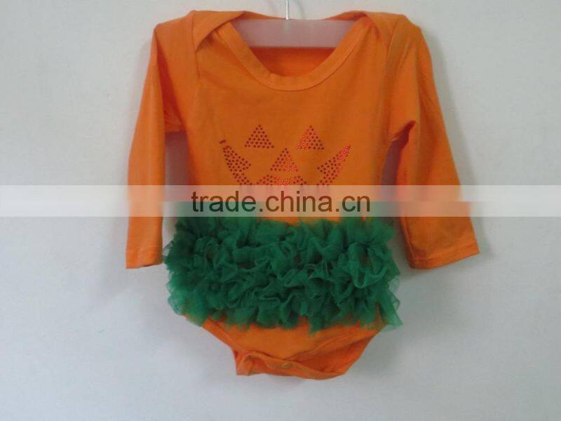 2015 orange romper long sleeve baby pumpkin romper with green lace ruffle baby clothes YW-143