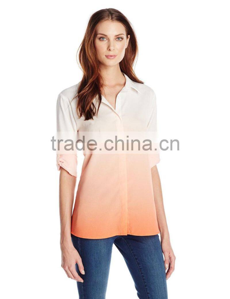 Women's Dip Dye Roll Sleeve gradient Top shirt clothes
