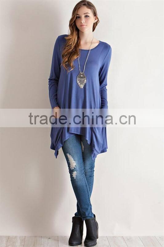 Newest design fashion long sleeve pure color round neck loose blouse for wholesale 2017