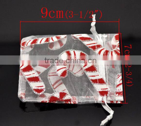 White Christmas Candy Cane Pattern W/Draw String Organza Wedding Gift Bags &Pouches