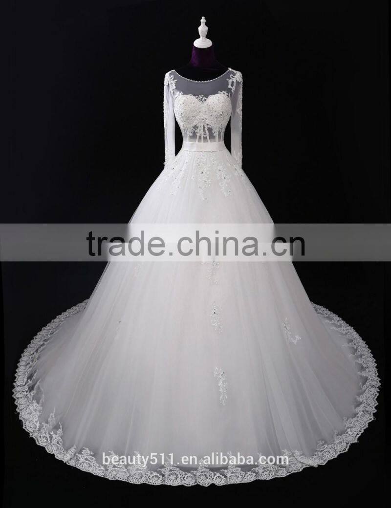 Latest Designs Elegant A-line Beaded Scoop Long Sleeve Floor-length Empire Lace Princess wedding gowns F12801