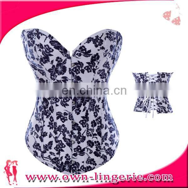 white printing overbust corset sexy lingerie corset for mature woman